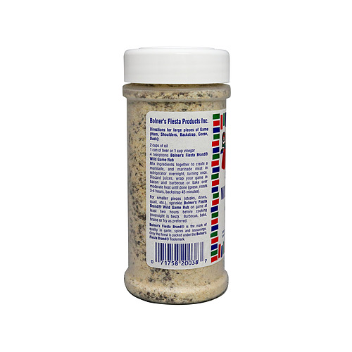 medium size jar of Wild Game Rub 7 ounces side of jar showing recipe
