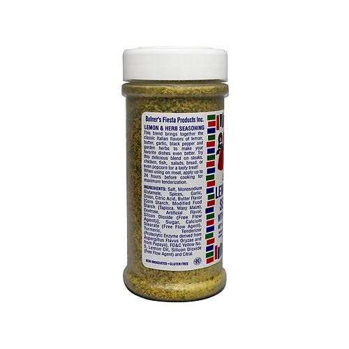 medium size jar of Lemon and Herb Seasoning six and one half ounces side of jar showing recipe