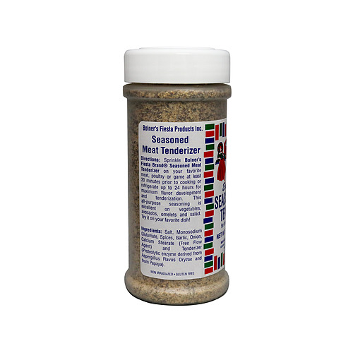 medium size jar of Seasoned Meat Tenderizer 7 ounces side of jar showing recipe