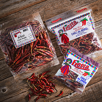 Chili de Arbol collection three different sizes in cellophane bags