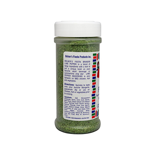 Fiesta Brand Lime Pepper jar on white background side of label with usage instructions